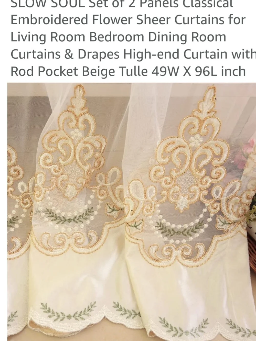 Slow Soul Classical Embroidered Flower Sheer Curtains - 2 Panels Size 49W by 96L